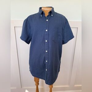 J Crew Short Sleeve Linen Blend Button Up Shirt Men’s Large Navy Blue Slim Fit